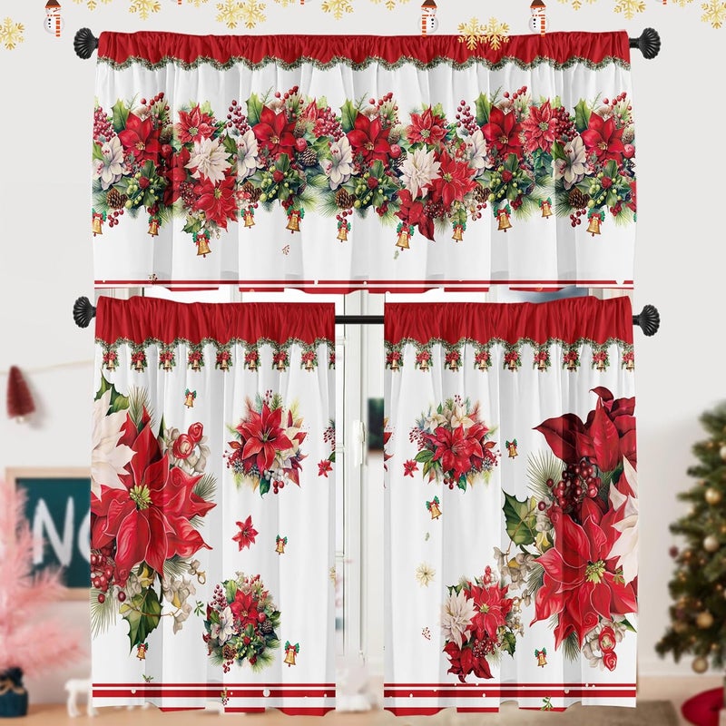 SUNWISHA Christmas Poinsettia Curtain Valances Set - Upper & Lower Curtains, 52'' L x 18'' W & 36'' L x 26'' W, Kitchen Windows Decor, 3 Piece Set, Red - Image 1
